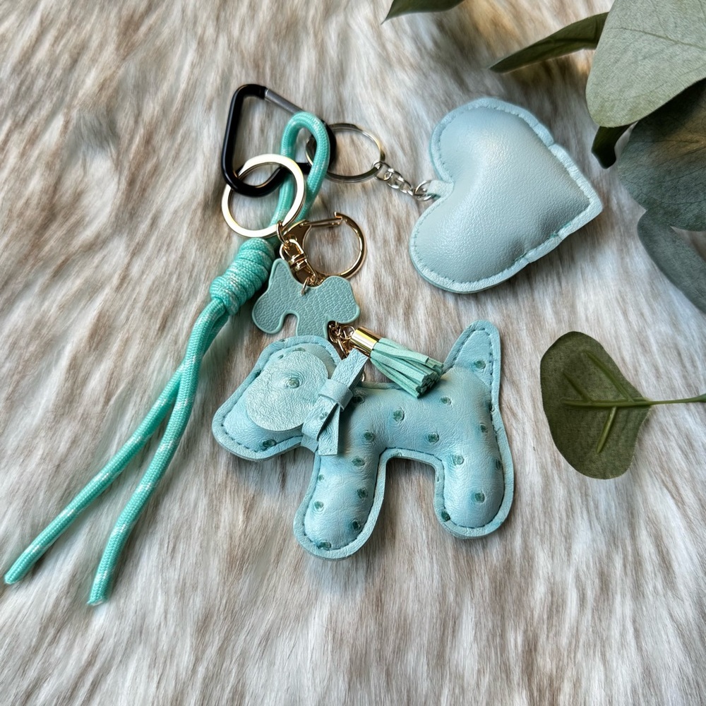 Cute Mint Green Dog Keychain with Heart Charm